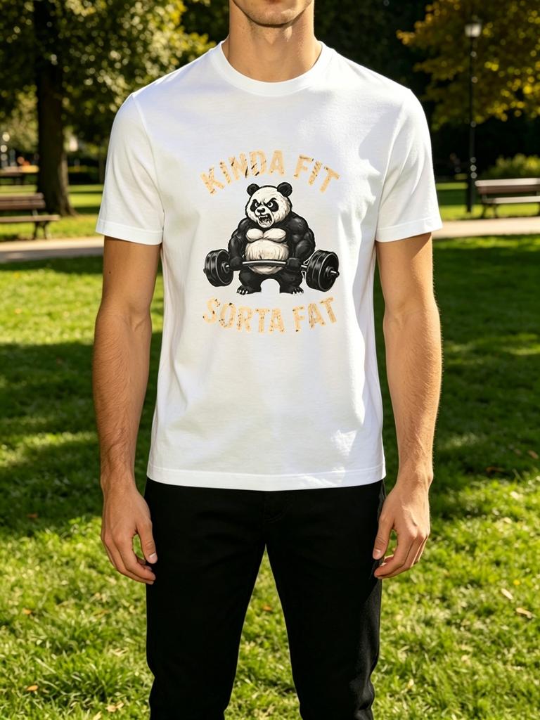 Kinda Fit Sorta Fat Weightlifting Panda Vintage Graphic Unisexs Crew Neck Short Sleeve Tee Casual Street Soft Daily Basic Wear Top