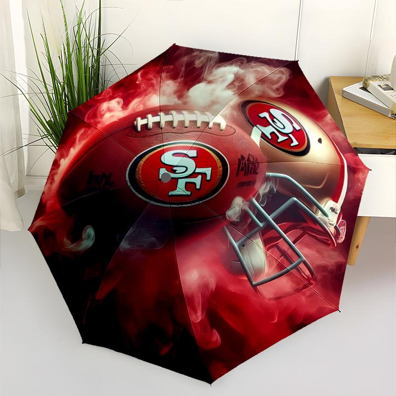 San Francisco 49ers LOGO Print Automatic Umbrella, 8 Rib Iron Frame, Plastic Handle, Suitable for Outdoor Travel &Daily , Ideal Gift