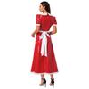 Women French Maid Dress Satin Lapel Collar Lace Trim Short Sleeve Wet Look PU Maxi Apron Costume