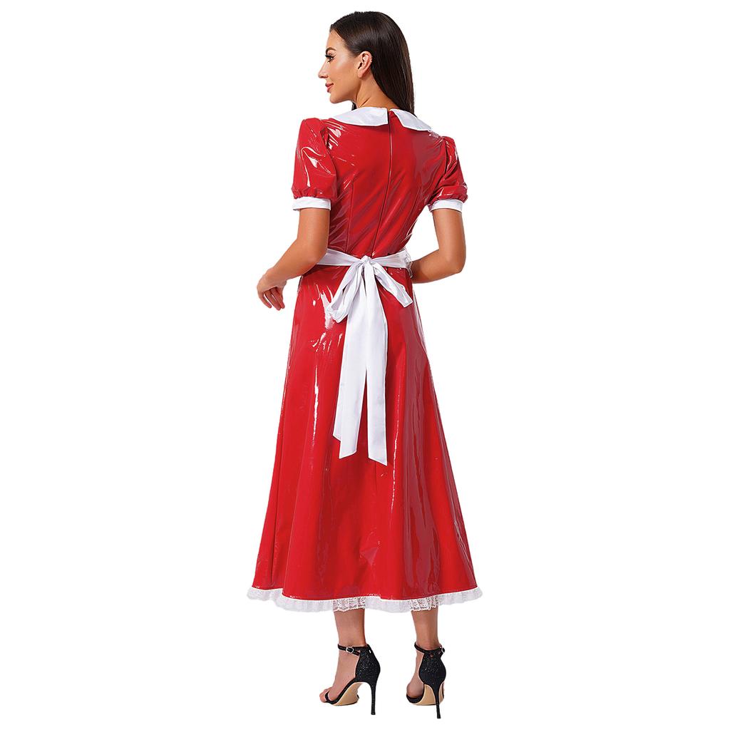 Women French Maid Dress Satin Lapel Collar Lace Trim Short Sleeve Wet Look PU Maxi Apron Costume