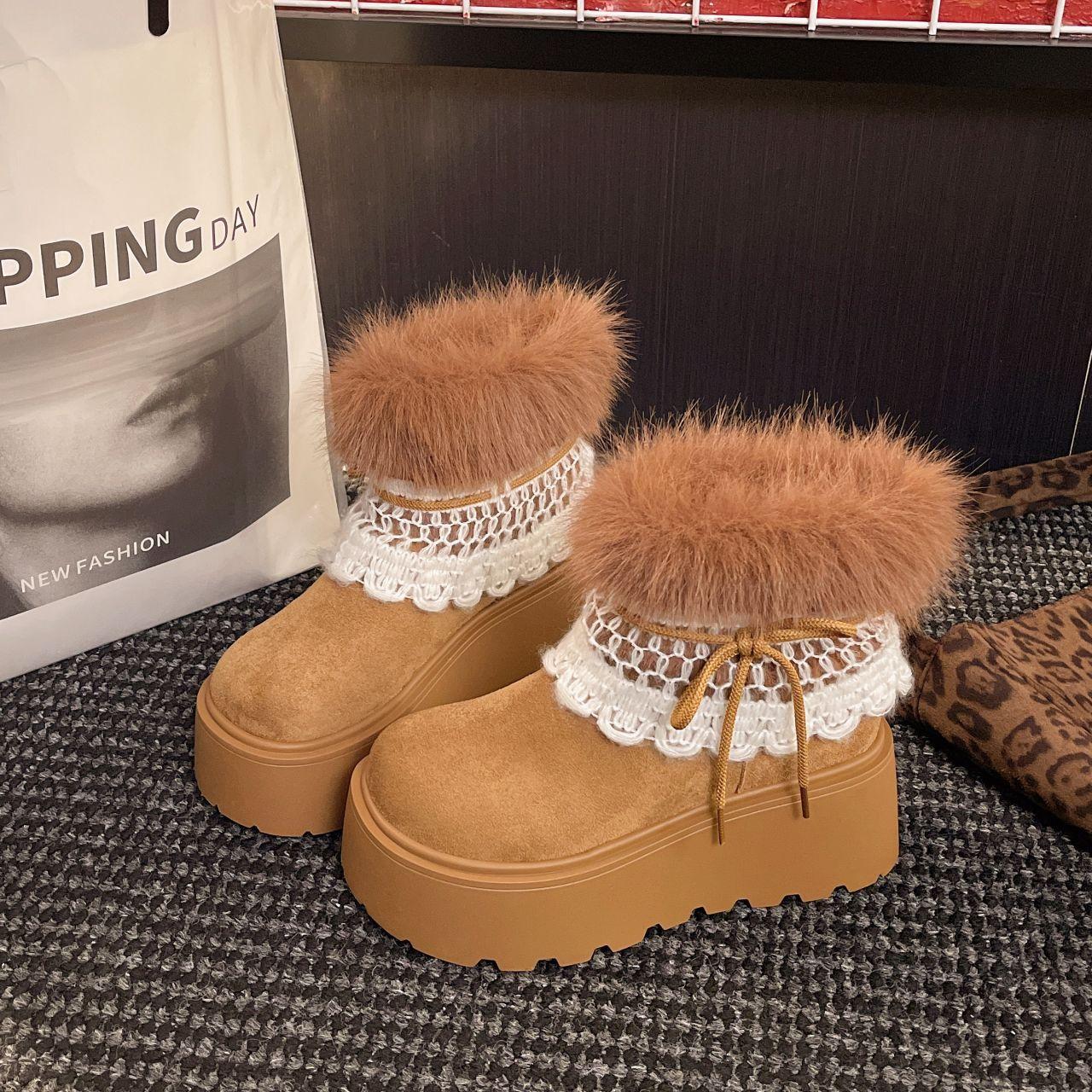 Fashion retro millennial style plush snow boots women s winter new thick-soled heightening cotton shoes 40 верблюд 4280₽