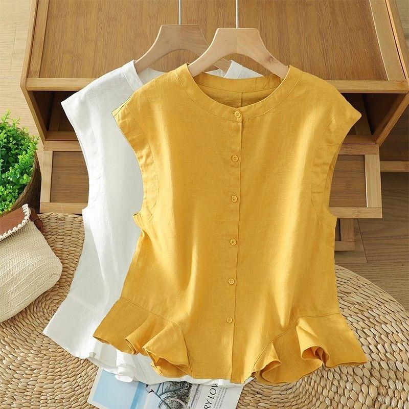 Women Yellow Linen Blend Sleeveless Blouse With Ruffle Hem And Button Down Casual Summer Top