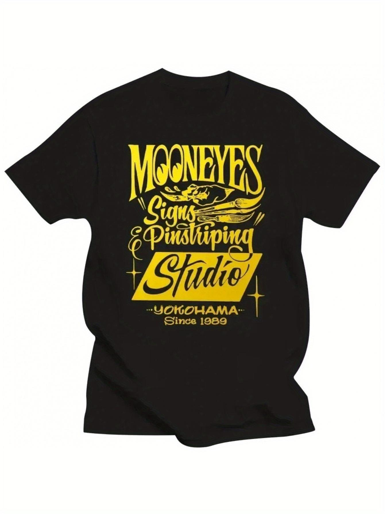 Men S Vintage Racing T-Shirt - Retro Japanese Racing Design with MOON EYES Pinstriping Studio Text - Crewneck Tee for Streetwear M