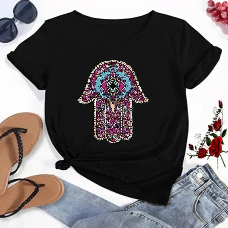 Hamasa Hand of Fatima Tryck WoUnisex T-shirts Lyckobringande Hamsa Hand Harajuku Unisex T-shirts Sommar Kort Ärm Svart Topp T-shirts FeUnisex Unisex