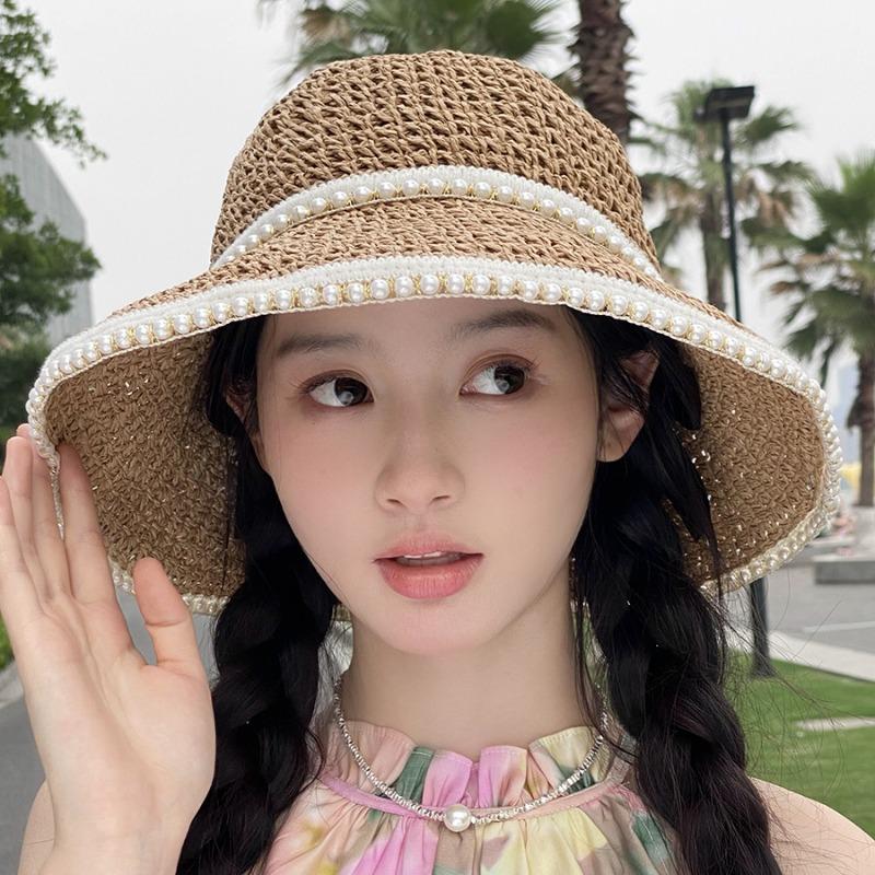 Women'S Double-Layer Pearl Large Brim Hand Hook Straw Woven Hat, Summer Beach Fisherman Hat, Outdoor Sun Shading Sun Hat