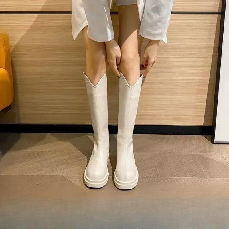 Thick-soled Martin Boots for Women Spring and Autumn Single Boots Mid-length Ladies Long Brown V-neck Boots