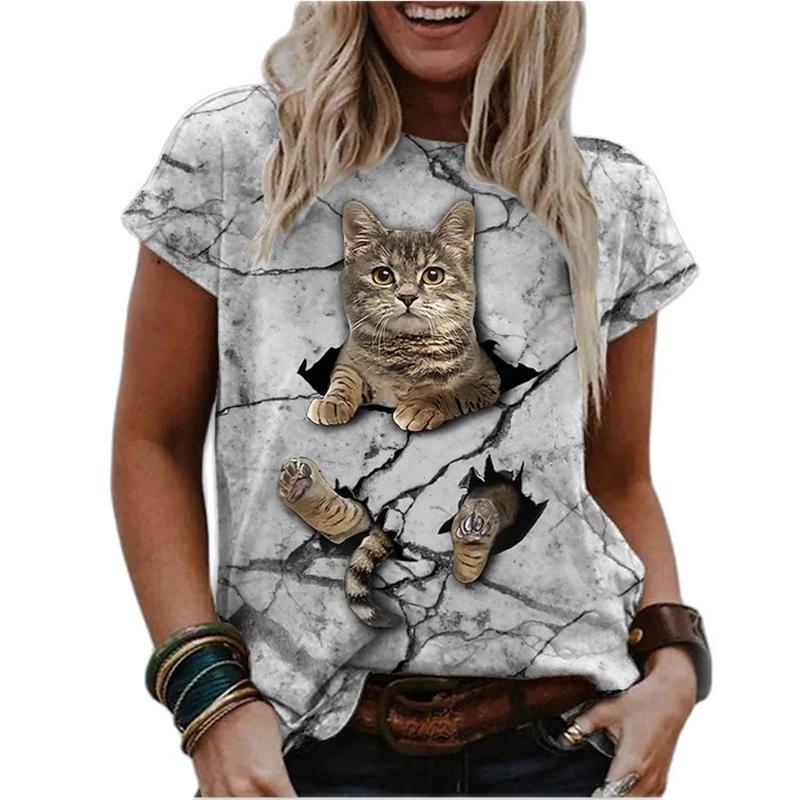 Women's 3d Cats Print Black Kawaii T Shirt Female Cute Animal Y2k Graphic T Shirts Girl Street Oversized Tees Haigh Quality Tops