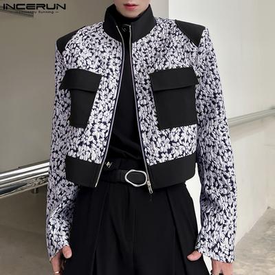 Herren Langarm Print Patchwork Lässig Kurz Dünn Mantel Jacken