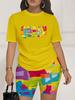 Color code European and American women's clothing painting printing T-shirt shorts set sports suit