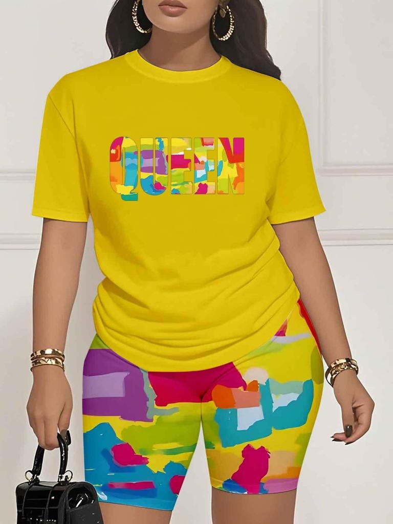 Color code European and American women's clothing painting printing T-shirt shorts set sports suit