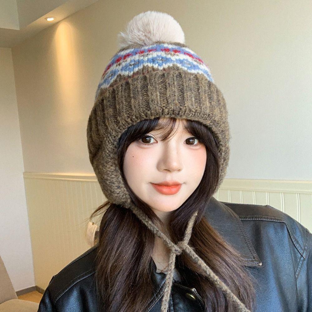 Warm Fair Isle Style Beanies Wool Lei Feng Hat Retro Jacquard Knitted Hat Girls