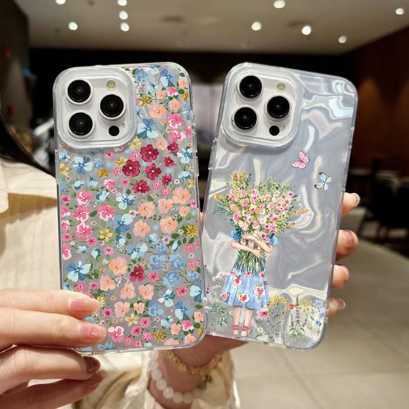 Floral Pattern Feather Sparkling Shockproof Phone Case For iPhone 16 Pro Max 15 Pro 14 13 12 11 Clear TPU Soft Edge Glitter Slim Hard PC Back Cover