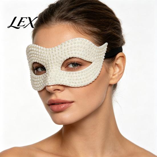 Adjustable Party Masks Halloween Half Face Masquerade Mask, Pearl Decor Venetian Exquisite Elegant Costume Accessory for Stage Show Evening