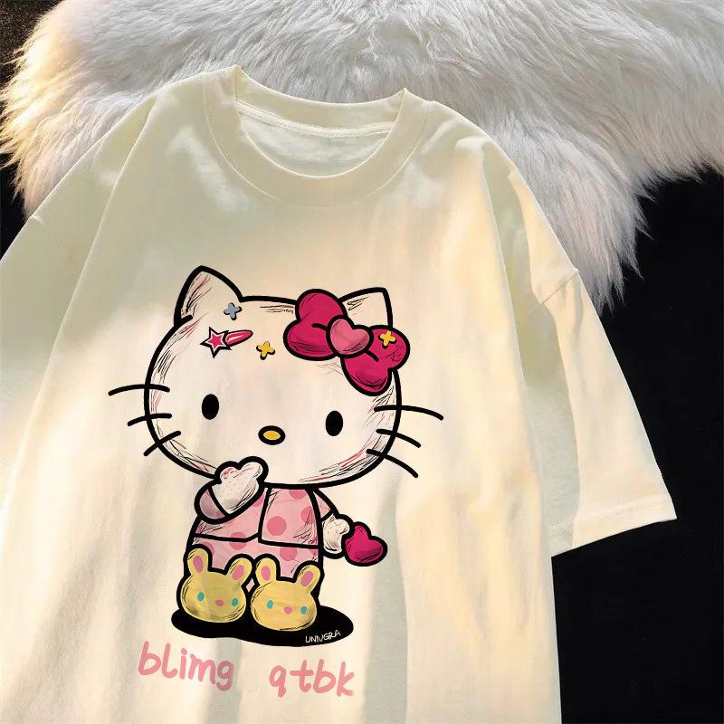 Hello Kitty Short Sleeve Tee soft cotton casual crew neck cute cartoon print lightweight summer top for Women daily wear