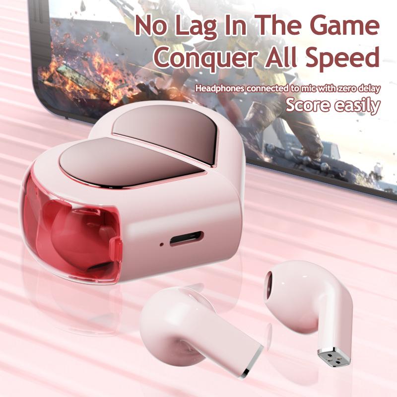 Pink Heart Wireless Earbuds for Girls Cute Small Earphones Hifi Stereo Sound Bluetooth Headsets Touch Control Gaming Handphones