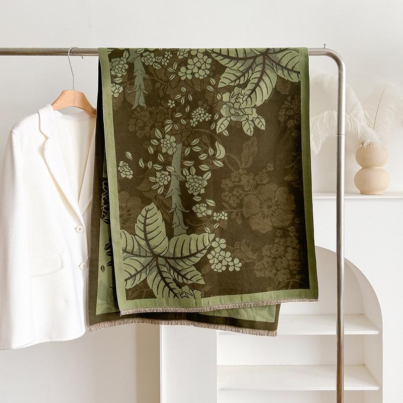 

Шарф из искусственного кашемира с двусторонним принтом листьев мори, зимняя теплая шаль высокого класса для женщин 185cm зелёный