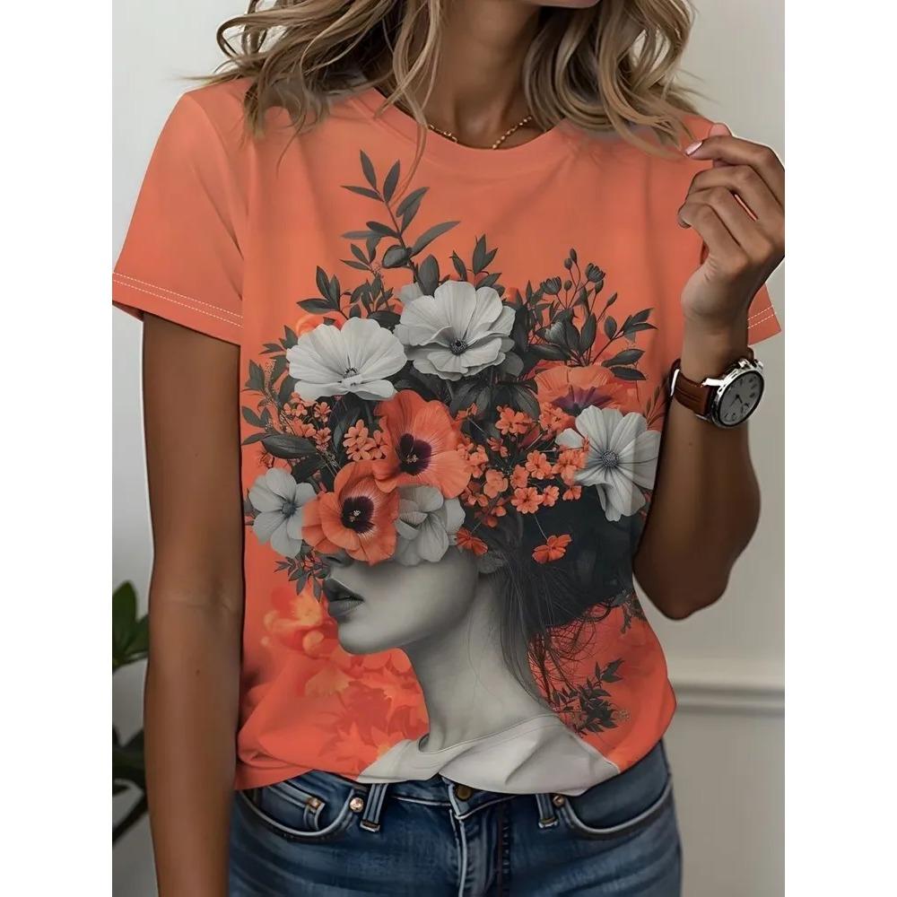 Sommer Mode T-Shirt Blume 3D Gedruckt Kurzärmeliges T-Shirt Modisch Bequem Weich Atmungsaktiv Groß Locker Damen T-Shirt