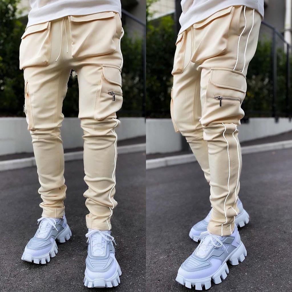 Pánské reflexní elastické cargo kalhoty slim fit: Trendy sportovní a volnočasové oblečení na jaro a podzim