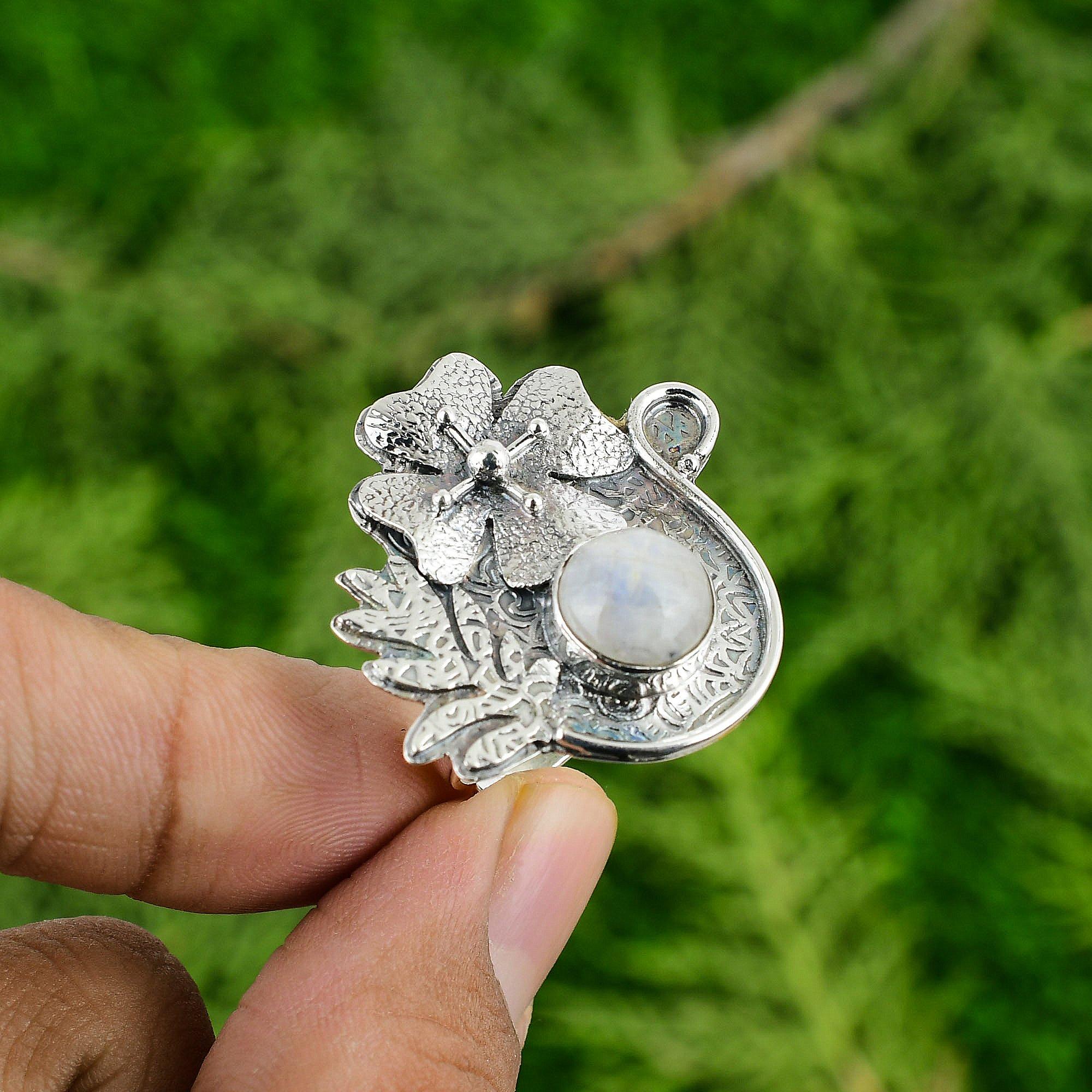 

Sterling Silver Rainbow Moonstone Stone Promise Engagement Flower Ring Jewelry Adjustable