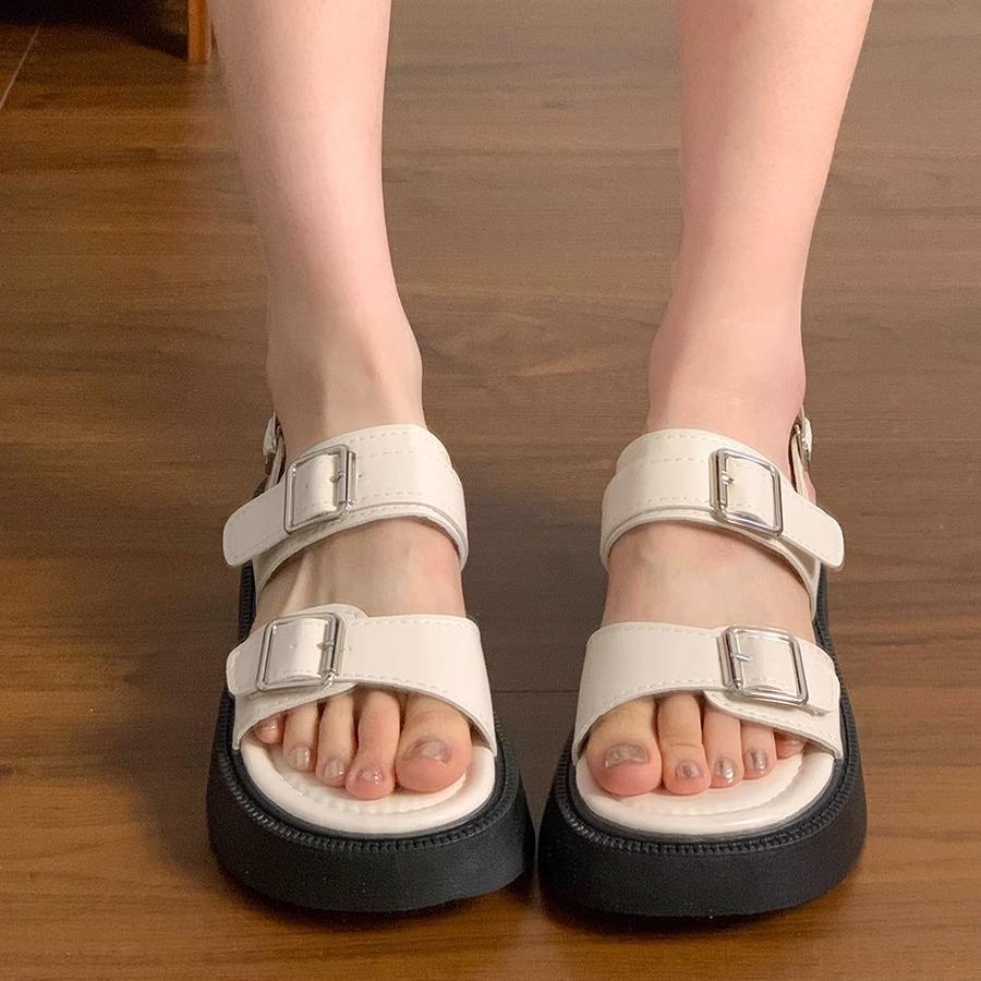 

Internet celebrity open-toed fashion sandals women 2025 summer new retro student wear Korean version of versatile thick sole with skirt 40 бежевый