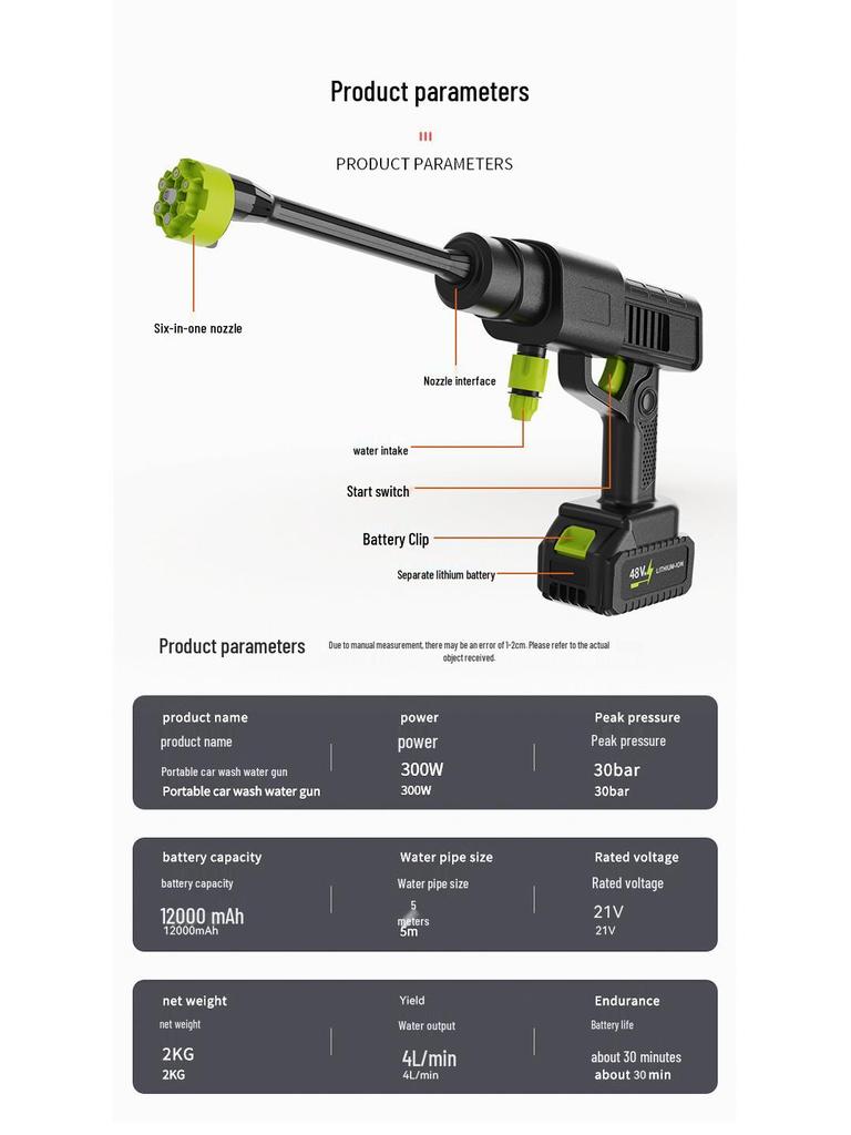 Tragbare Hochleistungs-Kabellose Auto-Wasch-Drucksprühpistole