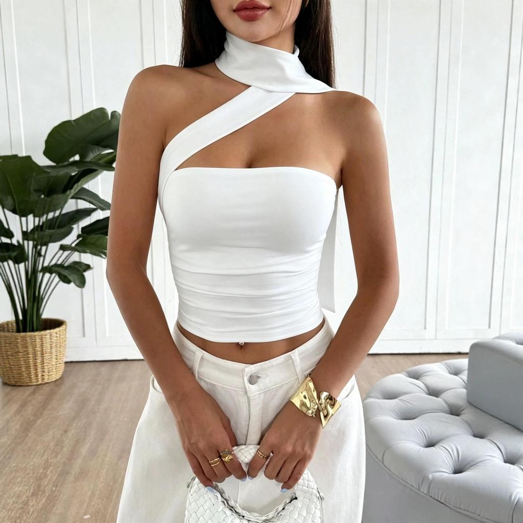 Spicy Girl Halterneck Strappy Bandeau Top - Sexy Backless Ruched Cropped Layer
