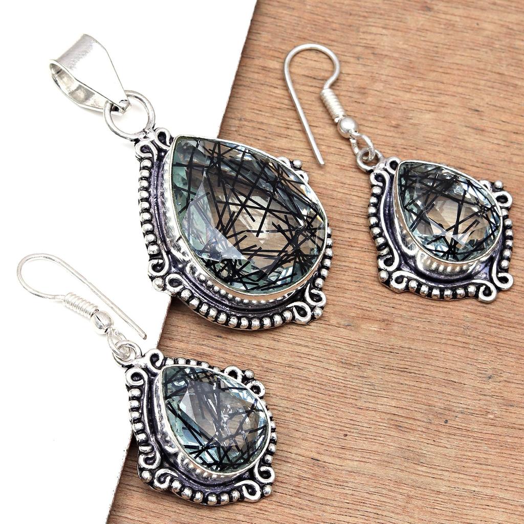 Black Rutile Set  Pendant  Jewelry Earring 18-20'' Gemstone Handmade