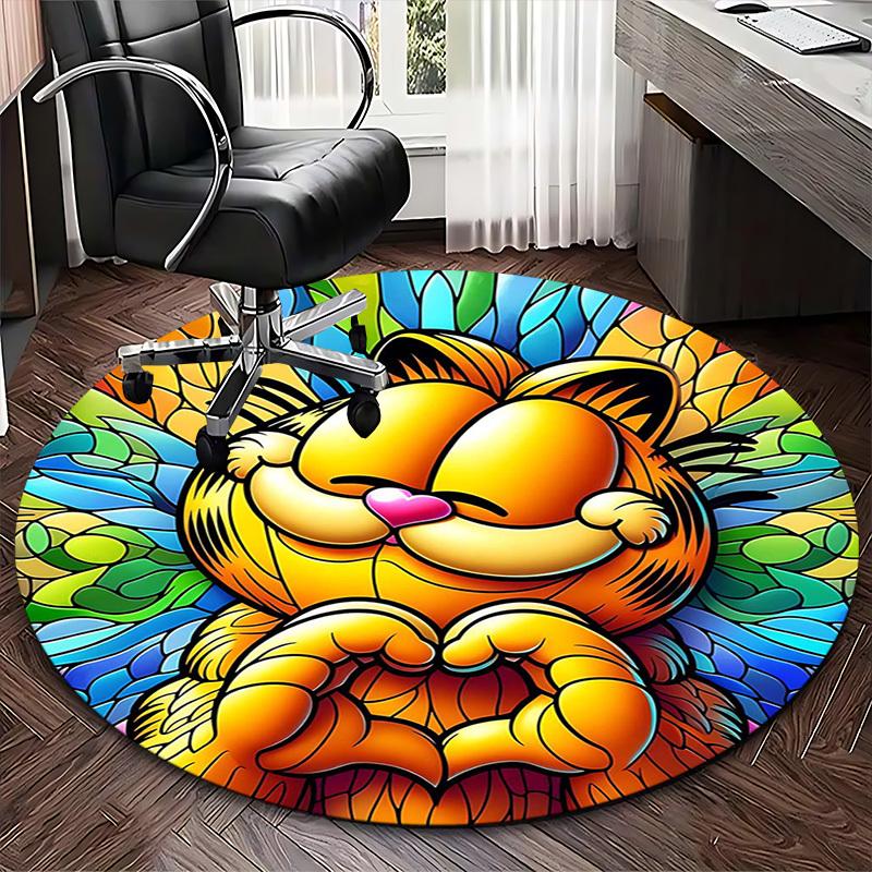 1pc Garfield Stained Glass Design Round Carpet - Office Chair Mat, Non-Slip Rug for Home Decor, Living Room, Bedroom, Game Room, Anime Gift, Seasonal