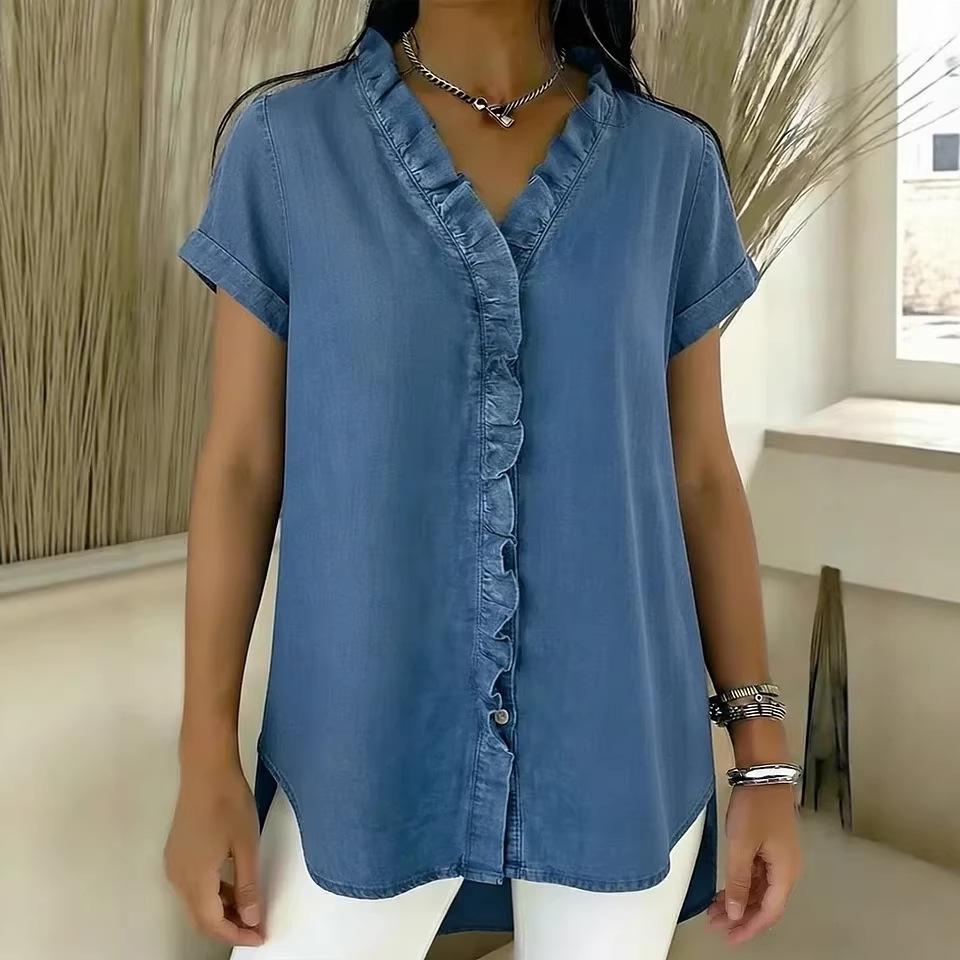 European & American V-Neck Ruffle Faux Denim T-Shirt - 2026 Collection, Short Sleeve, Casual Style