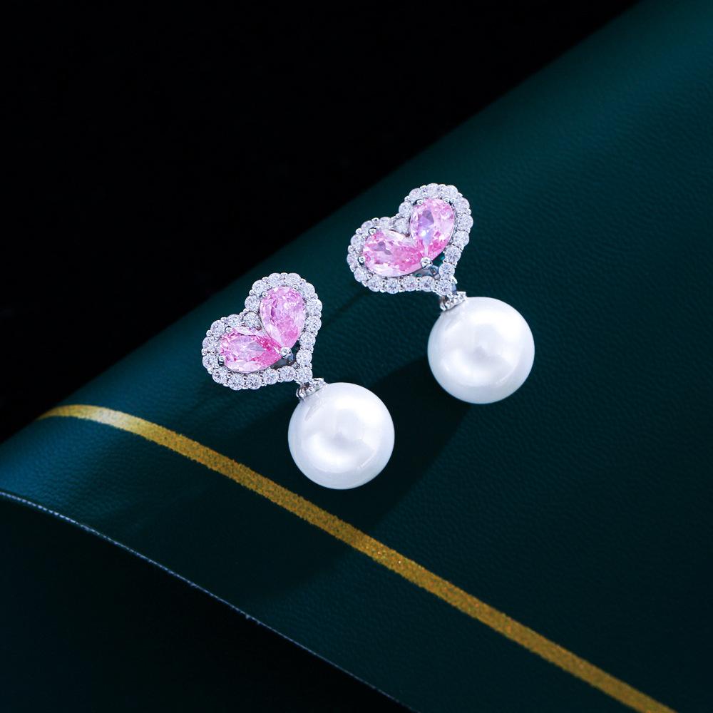 Needle Light Luxury Sweet Girl Heart Princess Pink Earrings Love Pearl Earrings Pendant Earrings