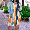 Women Plus Size V Neck Long Sleeve Printed Fitted Straight Midi Dress