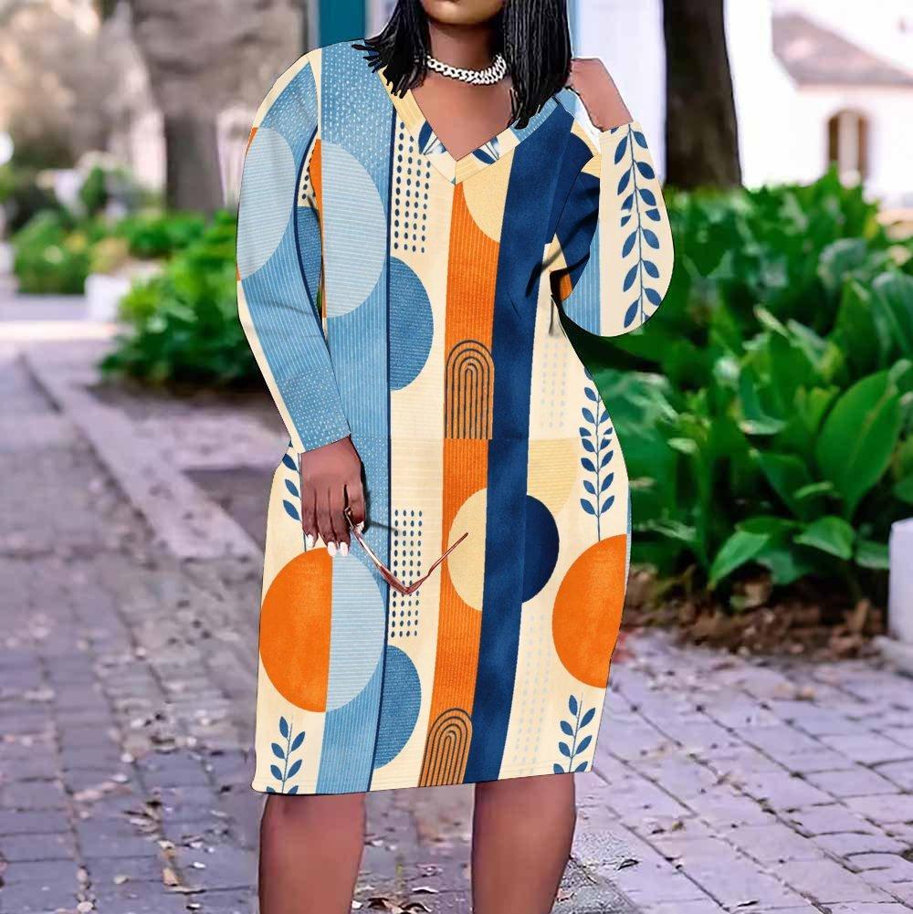 Women Plus Size V Neck Long Sleeve Printed Fitted Straight Midi Dress