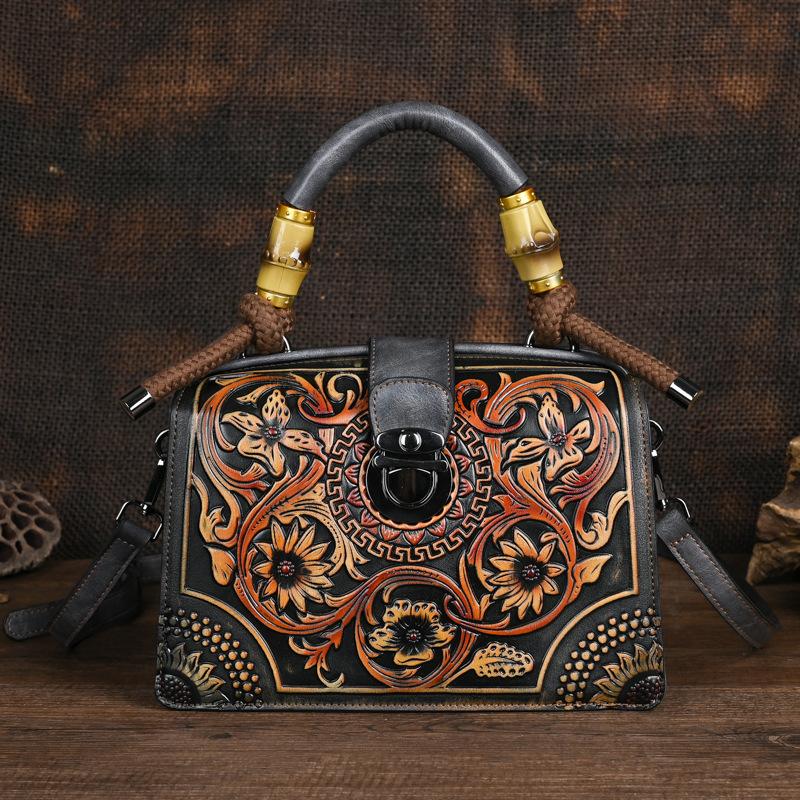 Johnature Vintage Luxury Handbag Handmade Leather Carved Women Bag Versatile Female Shoulder & Crossbody Bags