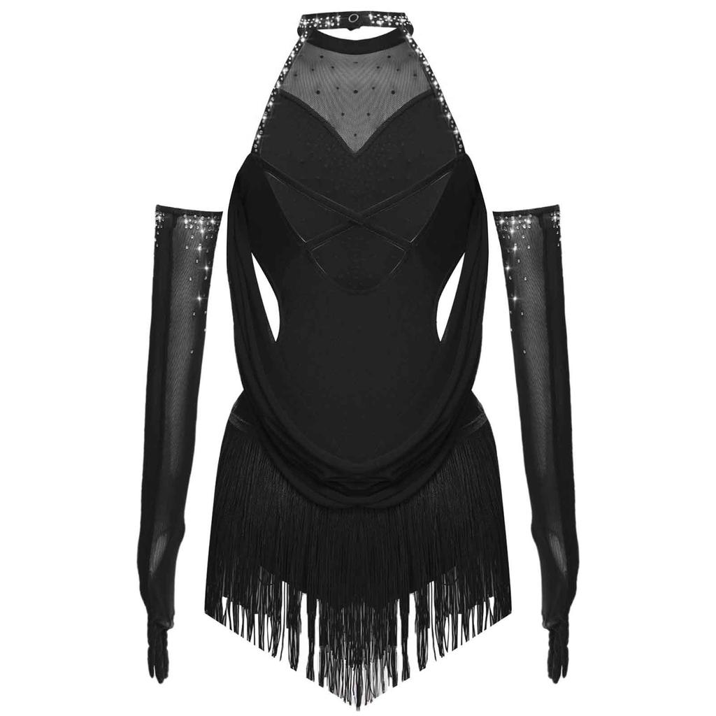 Jenter Latin Dansedrakt Rynket Mesh Design Utringning Dusker Glimrende Rhinestones Leotard med Matchende Hansker