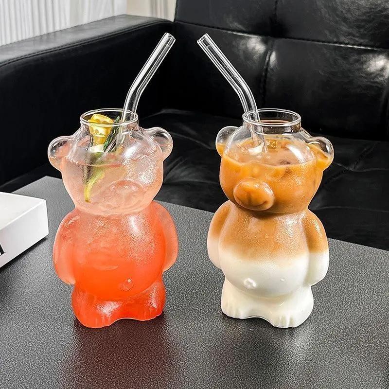 320ml Cute Glass Bear Cup with Straw Coffee Milk Cocktail Beverage Juice Cups Durable Drinks Glassware Christmas Birthday Gifts