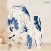 Women Plus Size Blue White Printed Two Piece Set Long Sleeve Hooded Top Cuffed Pants