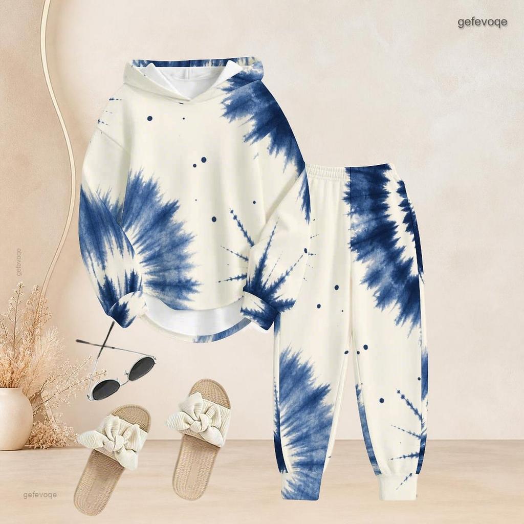 Women Plus Size Blue White Printed Two Piece Set Long Sleeve Hooded Top Cuffed Pants