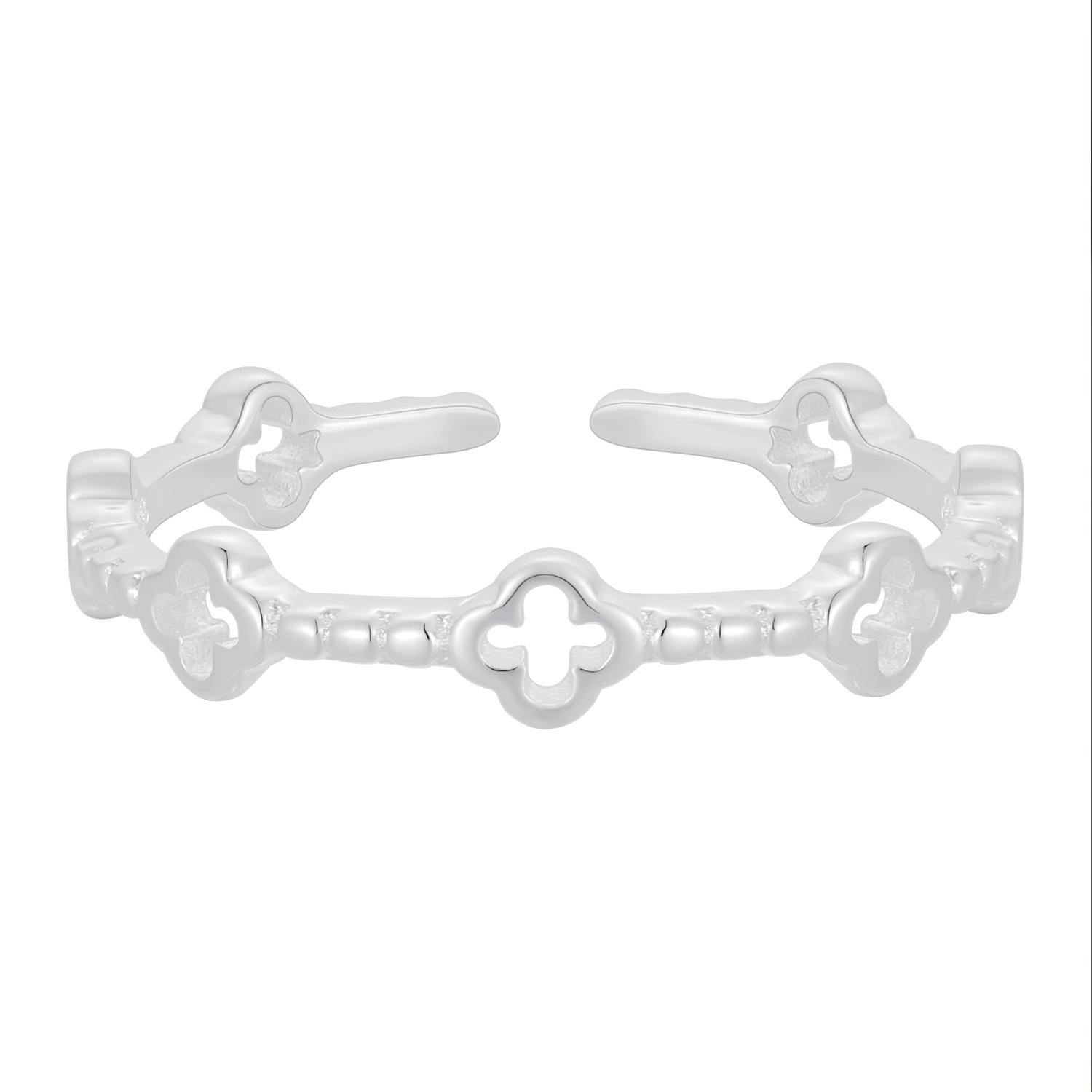 S925 Sterling Silver Retro Four-Leaf Clover Ring - Korean Style, Hollow Design, Fashionable and Simple. Adjustable Opening