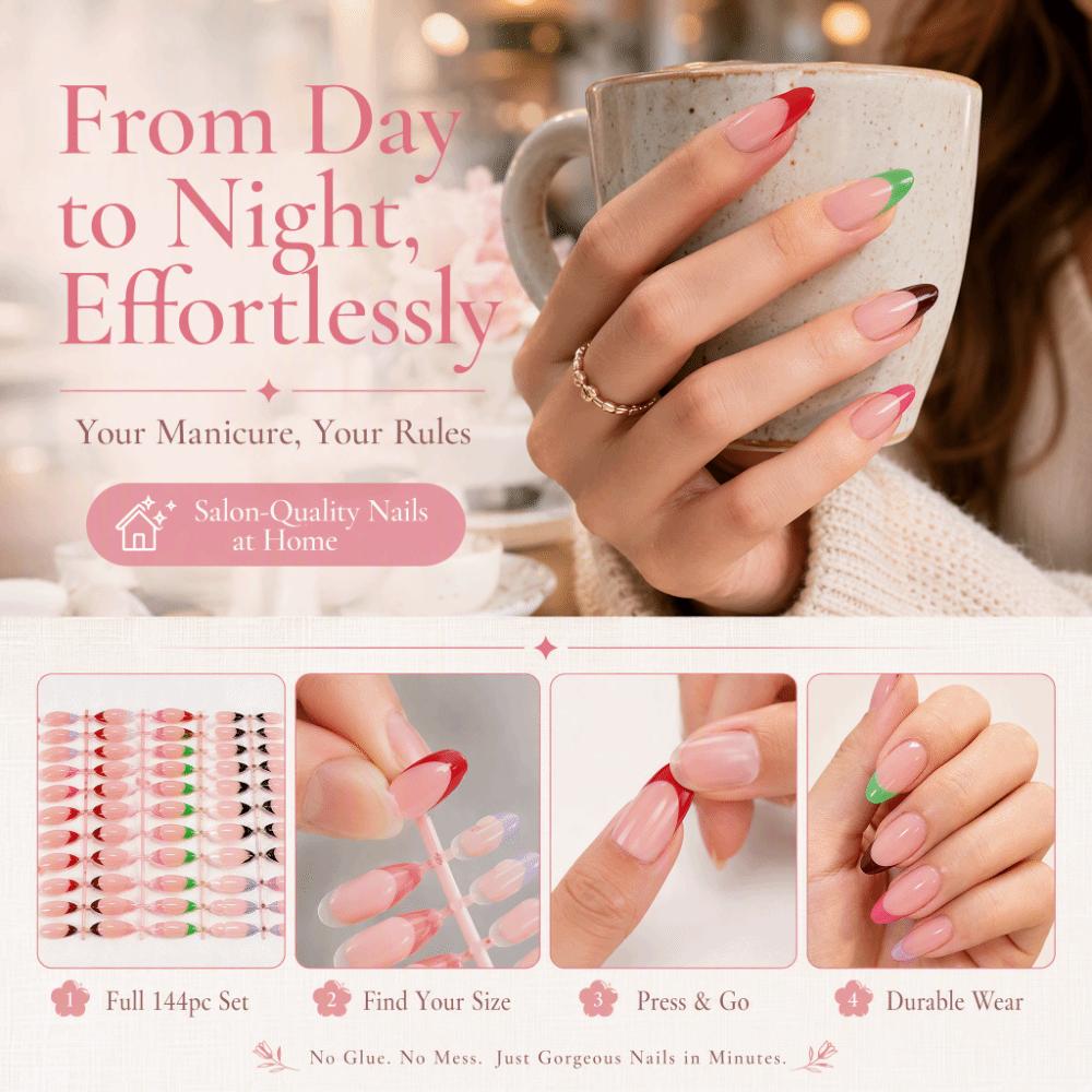 144 Pieces Pack 6 Colors Set Fake Nails Full Cover French Tip Nails New False Nail Tips  for Women
