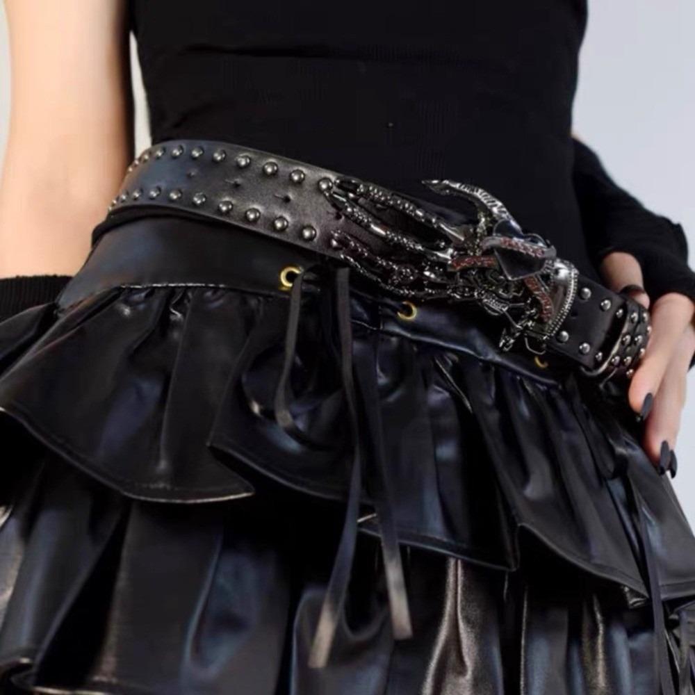 American Punk Skull Rivet Belt Jeans Decor PU Leather Waistbands Love Hand Palm Belt  Daily