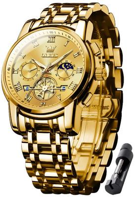 OLEVS Men's Stylish Chronograph Watch, Popular Brand for Business, Large, Easy-to-Read Analog, Waterproof Quartz Movement, Gold