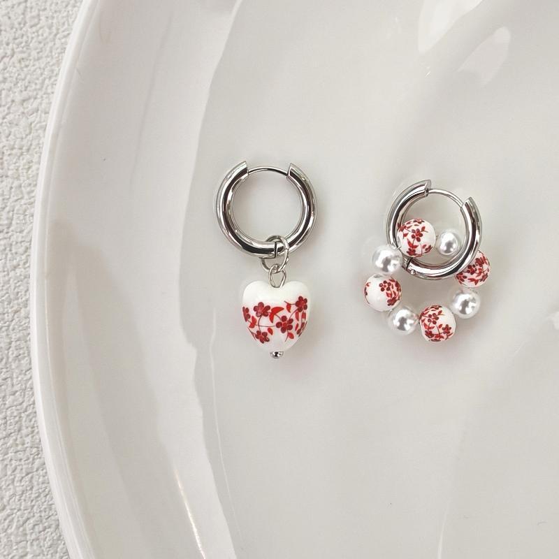 1 Pairs Chinese Style Imitation Blue And White Heart Ceramic Pendant Earrings Stainless Steel Ear Buckle Accessories