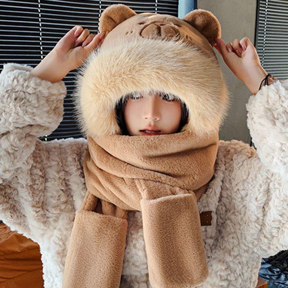 Cartoon Capybara Hat Scarf Set 3 In 1 Furry Scarf Cap Set Earmuff Scarf Hat Glove for Women  Girls
