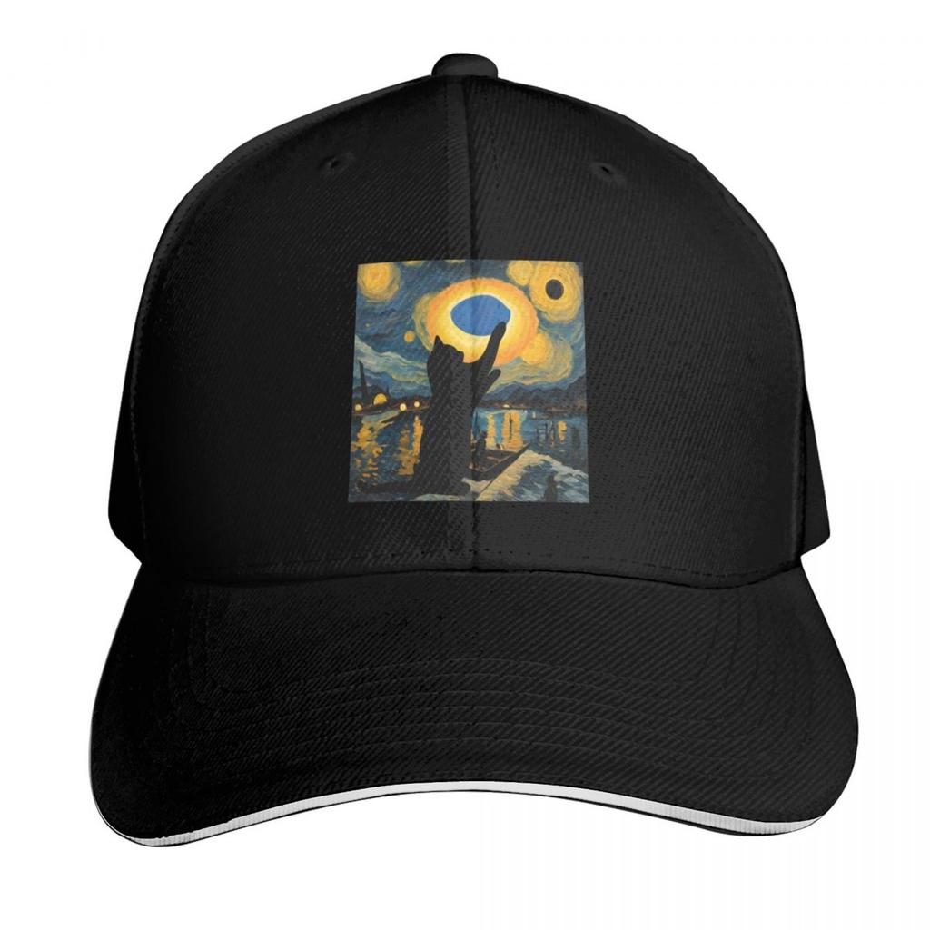 Solar eclipse Van Gogh style and my black cat in Texas Baseball Cap Unisex Women Casual Summer Sport Sun Cap