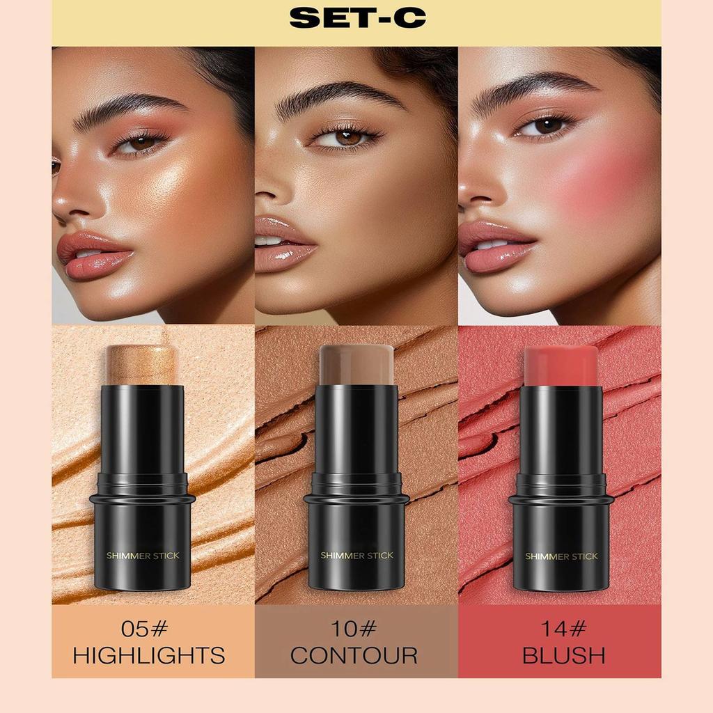 Powder Blusher Highlight Shadow Pen, Three Piece Set, Different Color Combinations. Suitable For Various Makeup Looks,6g*3