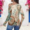 Women Plus Size Asymmetric Cutout Neck Cold Shoulder Long Sleeve Blue Printed Fitted Top
