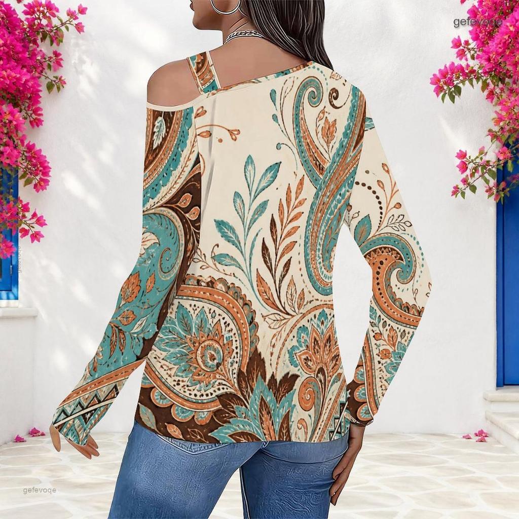 Women Plus Size Asymmetric Cutout Neck Cold Shoulder Long Sleeve Blue Printed Fitted Top
