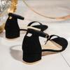 Fashion 2025 New Flock Thick Heels Sandals Women Summer Plus Size Ankle Buckle Sandalias Mujer Casual Non Slip Med Heel Sandles 43