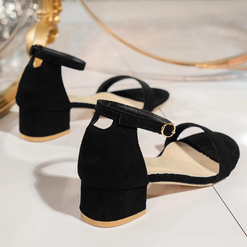 Fashion 2025 New Flock Thick Heels Sandals Women Summer Plus Size Ankle Buckle Sandalias Mujer Casual Non Slip Med Heel Sandles 43