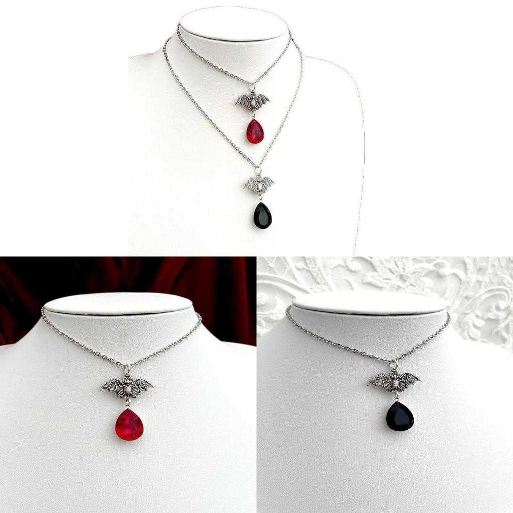 Gothic Bat Necklace Blood Drop Pendant Stainless Steel With Cross Chain For Women